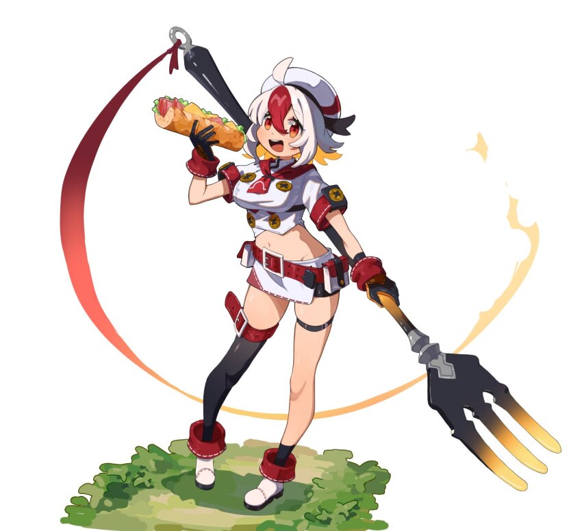 1girl, ahoge, belt, beret, black_gloves, black_thighhighs, blush, breasts