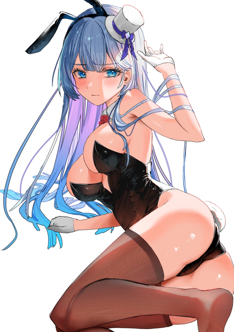 1girl, amahane_miran, animal_ears, ass, black_leotard, blue_eyes, blue_hair, blush