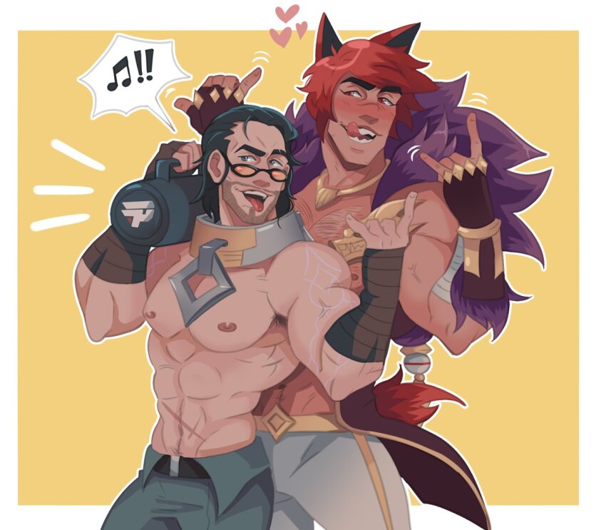 2boys, abs, bara, chest_hair, glasses, heart, league_of_legends, looking_at_viewer