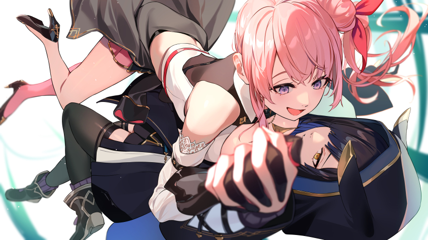 2girls, absurdres, animal_hood, black_footwear, black_gloves, black_jacket, black_skirt, black_thighhighs, clothes_around_waist, detached_sleeves, fukurou_(towa_tsugai), furamingo_(towa_tsugai), gloves, hair_between_eyes, hair_over_one_eye, hair_ribbon, high_heels, highres, holding_hands, hood, hood_up, hooded_jacket, ibaraki_shun, interlocked_fingers, jacket, jacket_around_waist, looking_at_another, multiple_girls, one_side_up, open_mouth, owl_ears, pink_hair, pink_ribbon, pink_skirt, purple_eyes, ribbon, shirt, shoes, skirt, sleeveless, sleeveless_shirt, thighhighs, towa_tsugai, wristband, yellow_eyes, yuri, zettai_ryouiki