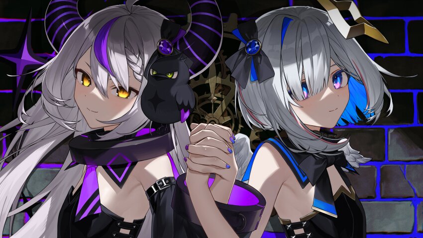 2girls, absurdres, amane_kanata, blue_hair, blue_nails, brick_wall, colored_inner_hair, crow_(la+_darknesss), fujishiro74, grey_hair, highres, holding, holding_hands, hololive, la+_darknesss, long_hair, looking_at_viewer, multicolored_hair, multiple_girls, nail_polish, purple_eyes, purple_hair, purple_nails, short_hair, smile, streaked_hair, virtual_youtuber, yellow_eyes