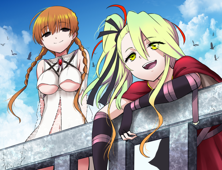 2girls, against_railing, akaimato, bird, blonde_hair, blue_sky, braid, breasts
