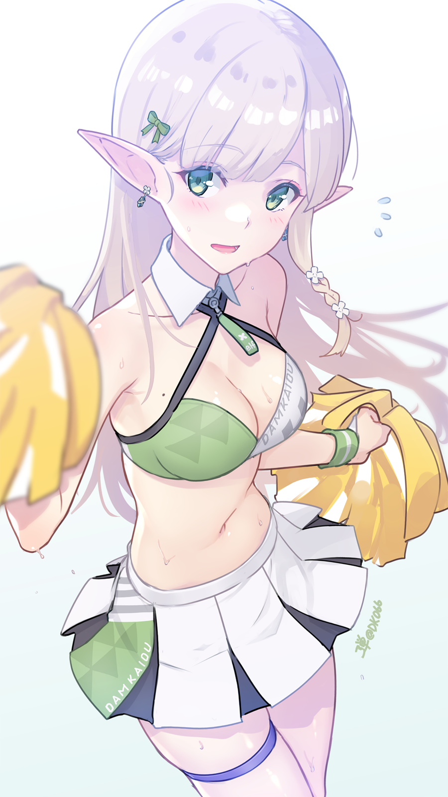 1girl, bare_shoulders, blonde_hair, blue_archive, blurry, blurry_foreground, braid, breasts, cheerleader, cleavage, collarbone, commentary_request, dan_(kumadan), depth_charge_projector, earrings, elf, green_skirt, highres, jewelry, long_hair, looking_at_viewer, medium_breasts, midriff, millennium_cheerleader_outfit_(blue_archive), mole, navel, open_mouth, original, pointy_ears, pom_pom_(cheerleading), revision, simple_background, single_braid, skirt, solo, sweat, thigh_strap, white_background, white_skirt