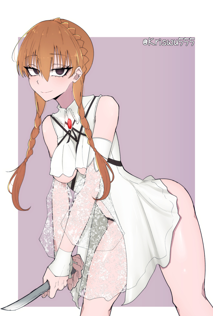 1girl, ass, braid, breasts, brooch, demons_roots, dress, gem