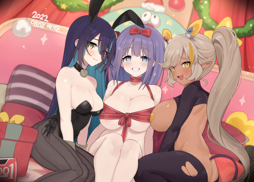 3girls, animal_ears, ass, black_choker, black_leotard, black_pantyhose, blush, breasts, butt_crack, choker, christmas_ornaments, cleavage, closed_mouth, condom, fake_animal_ears, fang, gift, grin, highres, large_breasts, leotard, looking_at_viewer, misora_(princess_connect!), multiple_girls, naked_ribbon, nea_(princess_connect!), open_mouth, pantyhose, pasties, playboy_bunny, ponytail, princess_connect!, rabbit_ears, ranpha_(princess_connect!), reverse_bunnysuit, reverse_outfit, ribbon, skin_fang, smile, sorahana_(haruka1638), tail, torn_clothes, torn_pantyhose
