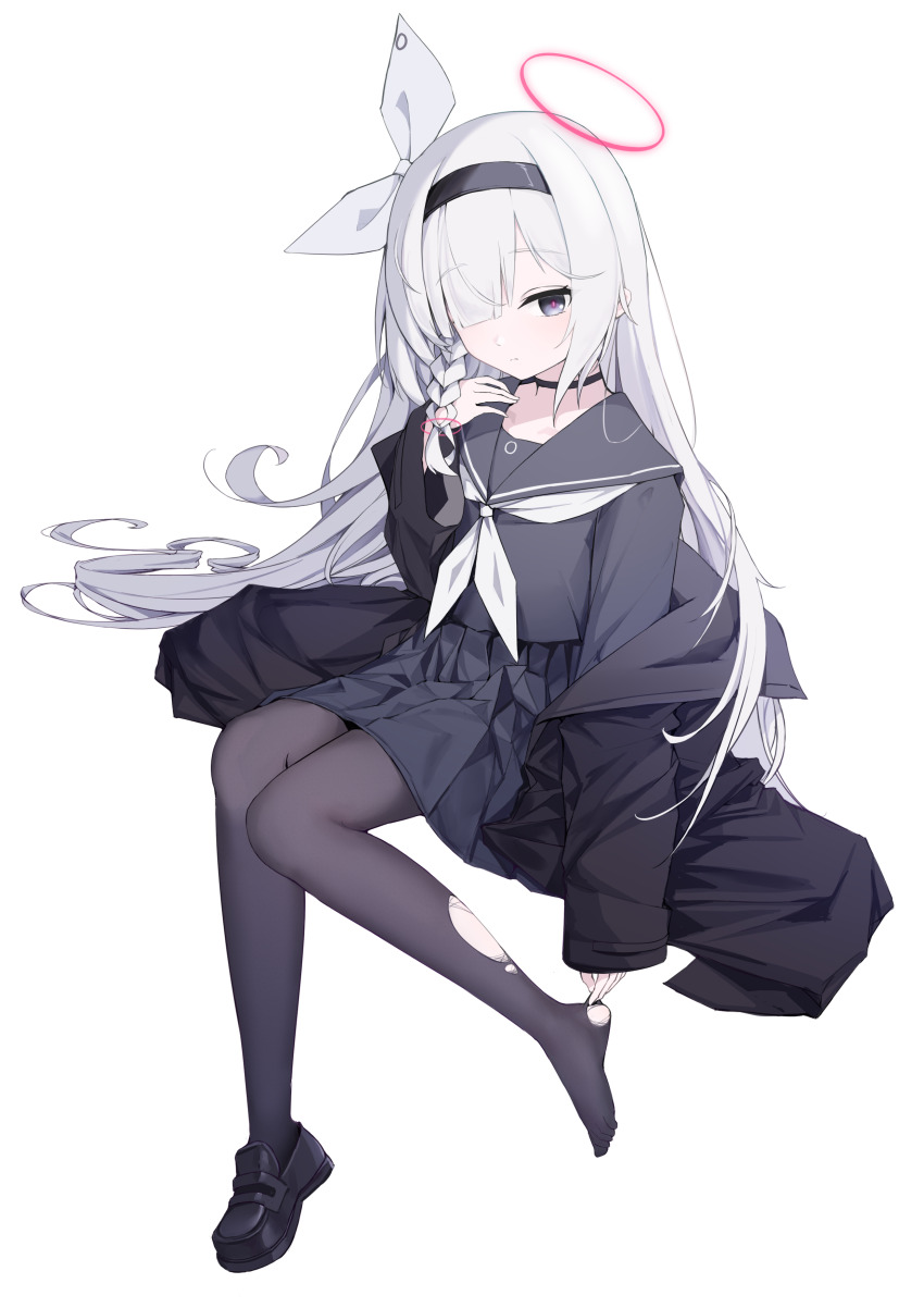 1girl, absurdres, black_choker, black_eyes, black_hairband, black_pantyhose, black_sailor_collar, black_serafuku, black_shoes, black_skirt, blue_archive, braid, choker, closed_mouth, commentary_request, full_body, hair_over_one_eye, hair_ribbon, hairband, halo, highres, loafers, long_hair, looking_at_viewer, neckerchief, pantyhose, plana_(blue_archive), pleated_skirt, red_pupils, ribbon, sailor_collar, school_uniform, serafuku, shoes, simple_background, single_braid, sitting, skirt, solo, torn_clothes, torn_pantyhose, white_background, white_hair, white_neckerchief, white_ribbon, xy_wang