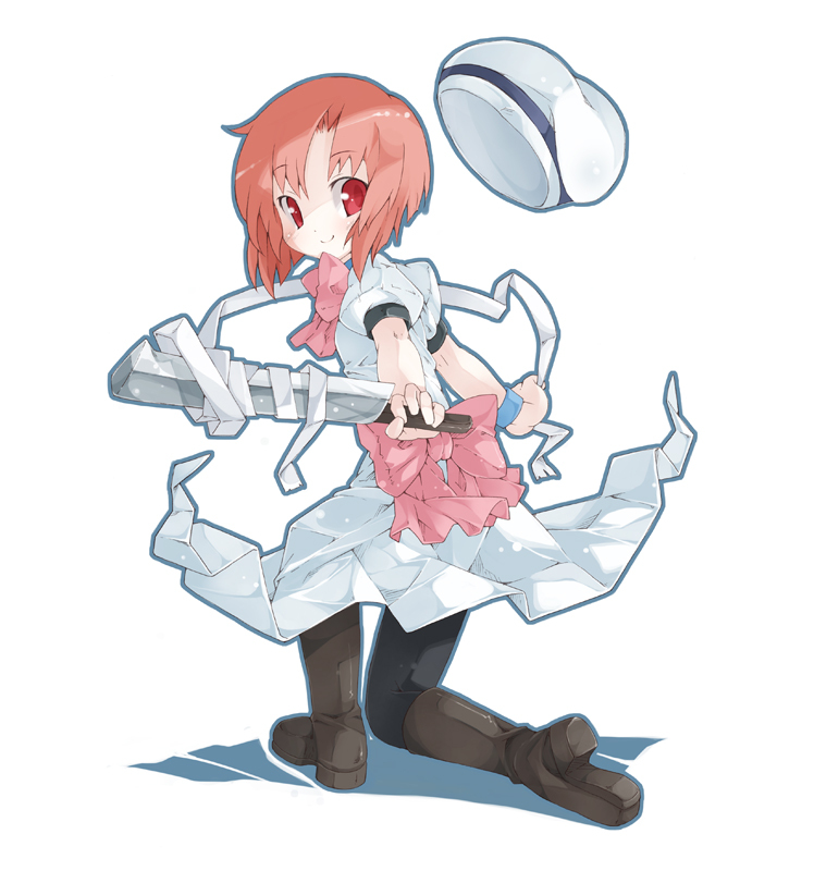 1girl, bad_id, bad_pixiv_id, bandages, billhook, boots, bow, dress