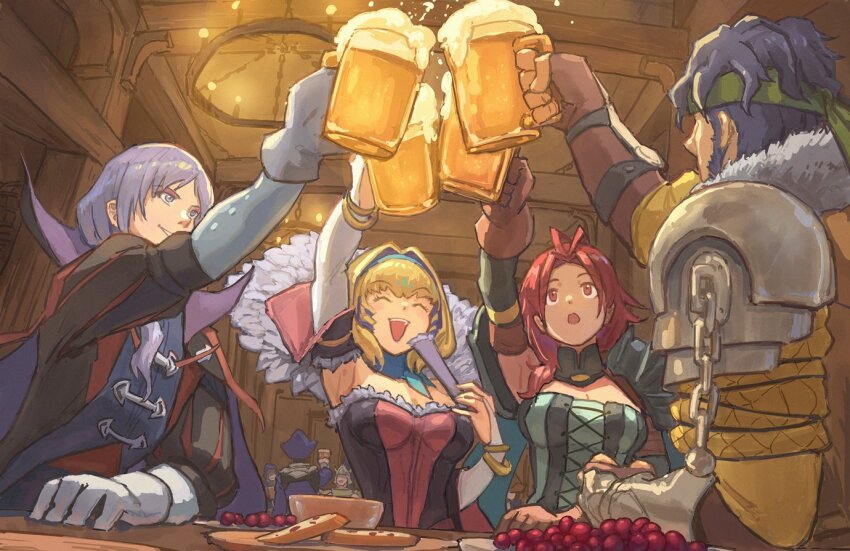 2boys, 2girls, alcohol, balthus_von_albrecht, bandana, beer, beer_mug, blonde_hair