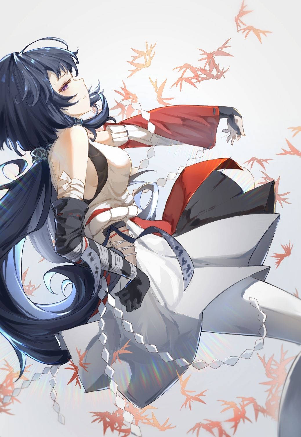 1girl, bare_shoulders, black_gloves, black_hair, blue_hair, colored_inner_hair, detached_sleeves, fingerless_gloves