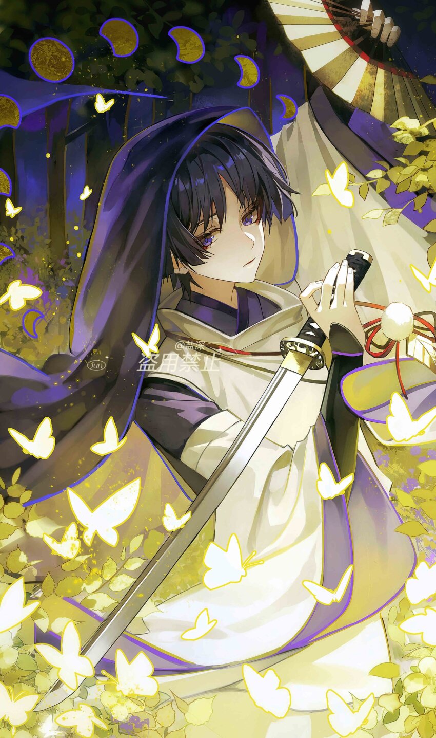 1boy, absurdres, arm_up, armor, black_bow, black_hair, blue_sky, blunt_ends