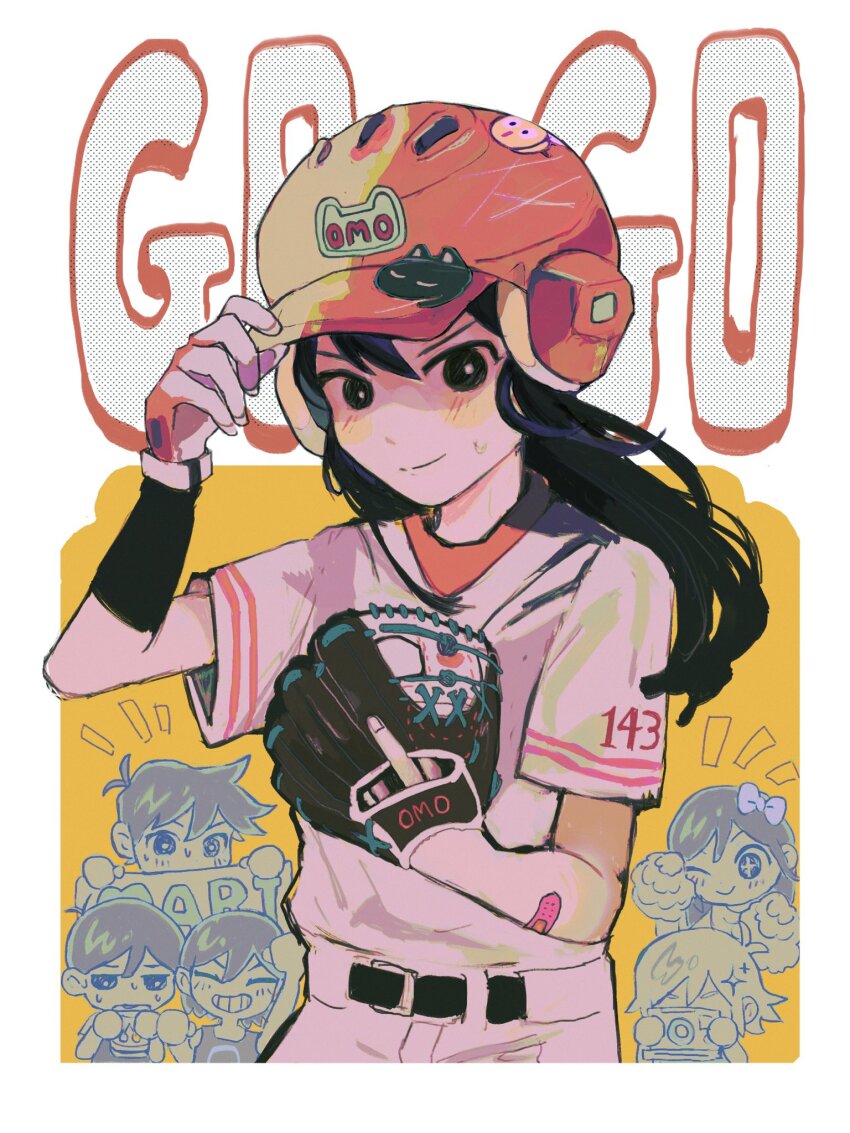 2girls, 4boys, aubrey_(faraway)_(omori), aubrey_(omori), bandaid, bandaid_on_arm, baseball_glove, baseball_uniform, basil_(faraway)_(omori), basil_(omori), belt, black_eyes, black_hair, blush, bright_pupils, camera, closed_mouth, hero_(faraway)_(omori), hero_(omori), highres, holding, holding_camera, kel_(faraway)_(omori), kel_(omori), long_hair, looking_at_viewer, mari_(faraway)_(omori), mari_(omori), mewo, milkymilkyshark, multiple_boys, multiple_girls, omori, shirt, short_hair, short_sleeves, smile, sportswear, sunny_(omori), white_pupils, white_shirt