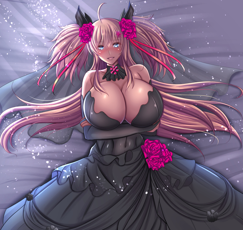 1girl, alternate_costume, alternatre_color, blonde_hair, blue_eyes, breasts, bridal_bouquet, bride, cleavage, covered_navel, dark-skinned_female, dark_skin, dress, earrings, elbow_gloves, flower, gloves, high_heels, highres, huge_breasts, jewelry, kanna_(minamozuki), lipstick, long_hair, makeup, nail_polish, official_alternate_costume, onizaki_kirara, taimanin_(series), taimanin_rpgx, twintails, wedding_dress