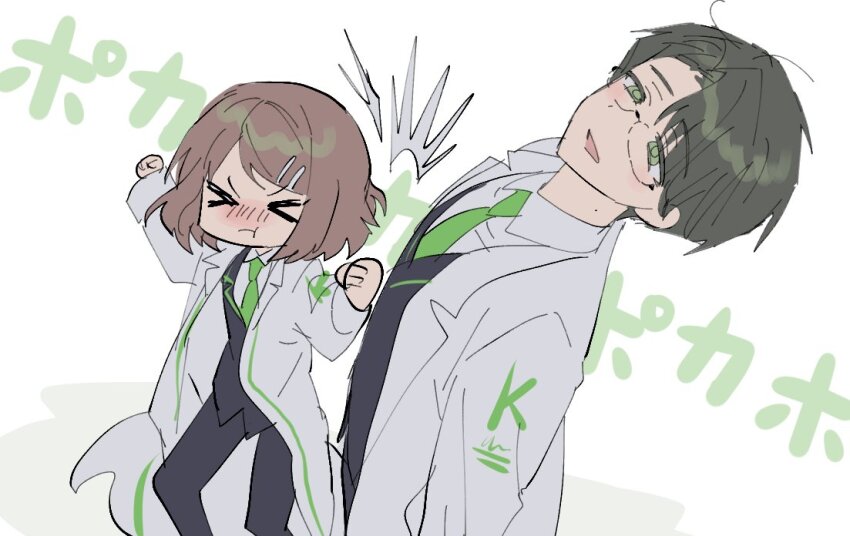 >_<, 1boy, 1girl, black_jacket, black_pants, blush, bob_cut, brown_hair