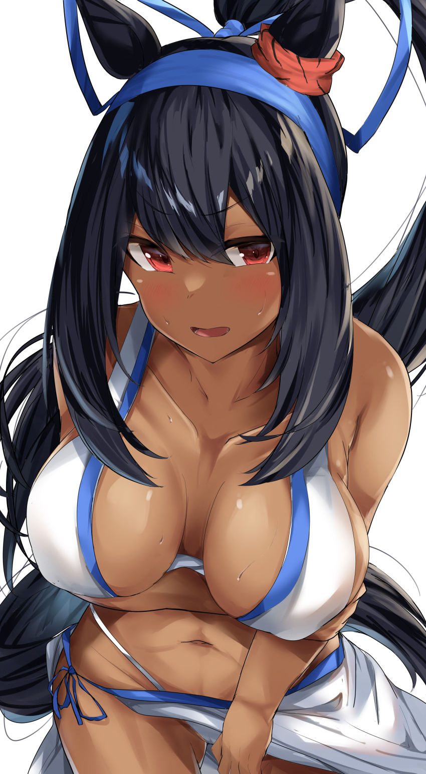 1girl, absurdres, alternate_costume, animal_ears, bare_shoulders, black_hair, blush, breasts, cleavage, collarbone, cosplay, dark-skinned_female, dark_skin, ear_ornament, hair_ornament, highres, hishi_amazon_(umamusume), horse_ears, horse_girl, horse_tail, large_breasts, long_hair, looking_at_viewer, majikina_mina, majikina_mina_(cosplay), nagisa_(imizogami), navel, open_mouth, ponytail, red_eyes, samurai_spirits, simple_background, solo, tail, umamusume, very_long_hair, white_background