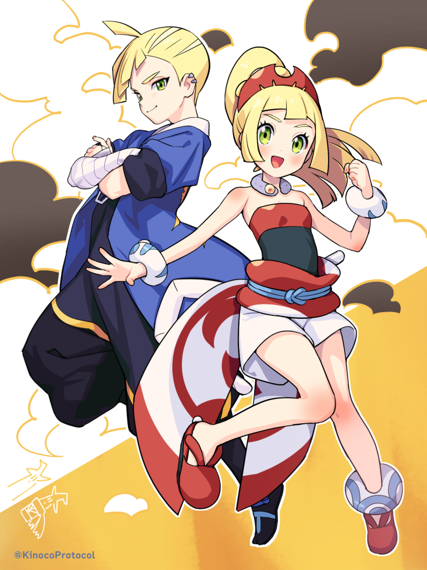 1boy, 1girl, :d, adaman_(pokemon)_(cosplay), ahoge, anklet, arm_wrap, blonde_hair