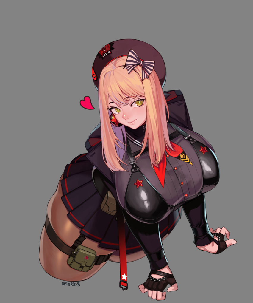 1girl, armor, belt, beret, black_shirt, black_skirt, boobplate, bow