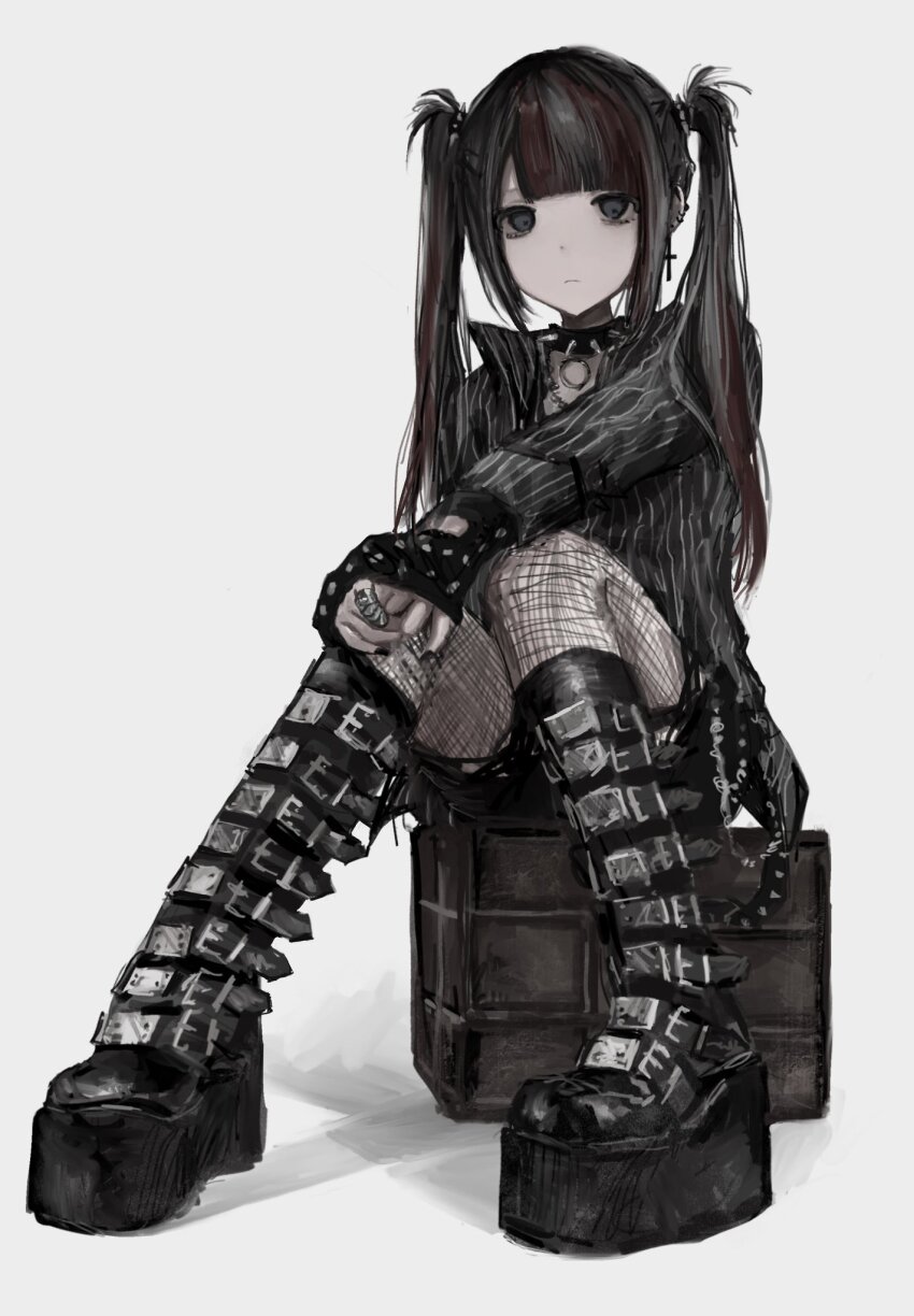 1girl, belt, black_belt, black_boots, black_choker, black_eyes, black_gloves, black_hair