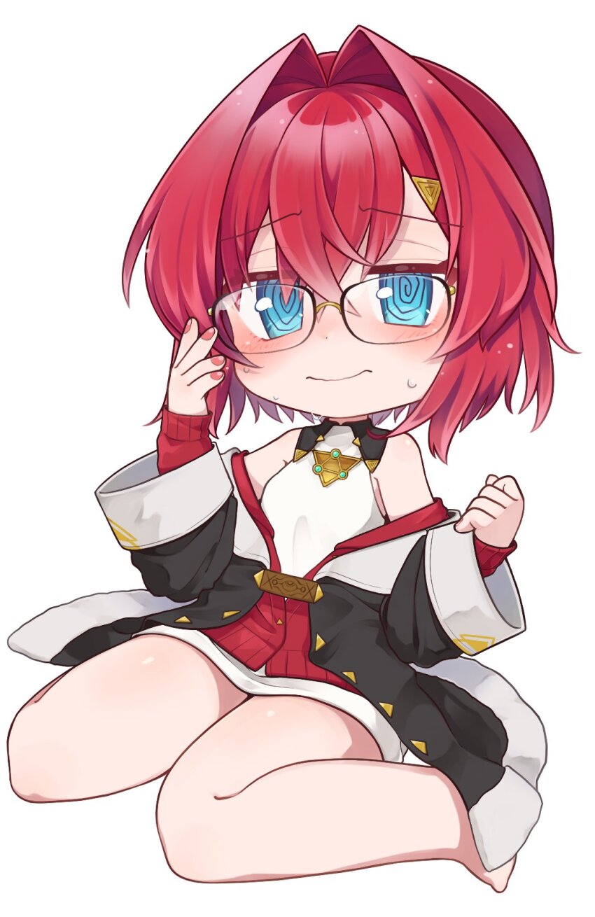 1girl, @_@, adjusting_eyewear, ange_katrina, ange_katrina_(1st_costume), bare_shoulders, barefoot, black_coat, blue_eyes, blush, cardigan, coat, commentary, dress, gao_toratora, glasses, hair_between_eyes, hair_intakes, hair_ornament, hand_on_eyewear, highres, jewelry, long_sleeves, looking_at_viewer, necklace, nijisanji, off_shoulder, red_cardigan, red_hair, short_hair, sitting, sleeves_past_wrists, smile, sweat, triangle_hair_ornament, virtual_youtuber, wariza, white_dress, wide_sleeves