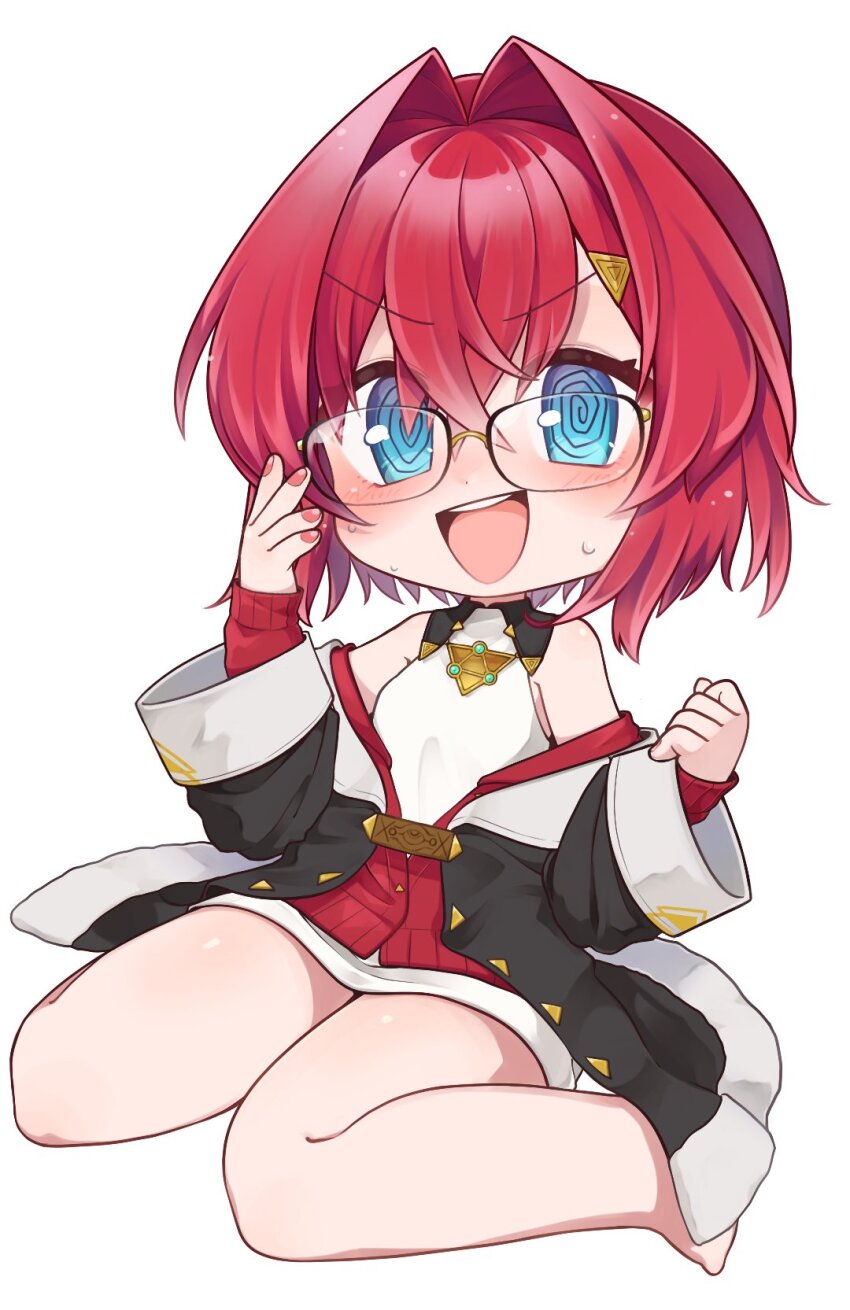 1girl, :d, @_@, adjusting_eyewear, ange_katrina, ange_katrina_(1st_costume), bare_shoulders, barefoot