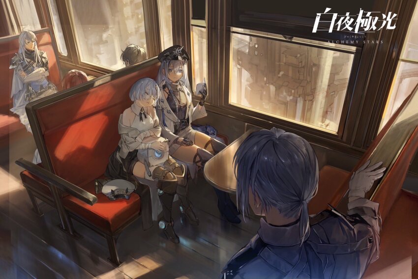 2girls, 4boys, alchemy_stars, anatoli_(alchemy_stars), armored_boots, axelia_(alchemy_stars), bandages, bare_shoulders, belt, bird, black_gloves, black_headwear, black_shorts, blue_hair, book, boots, breasts, brown_hair, closed_eyes, collared_shirt, copyright_name, crossed_arms, drone, gloves, hair_ornament, hat, hataya, holding, holding_book, jacket, jewelry, joseph_(alchemy_stars), leaning_on_person, leo_(alchemy_stars), long_hair, long_sleeves, looking_at_viewer, multiple_boys, multiple_girls, off_shoulder, open_book, peaked_cap, pendant, ponytail, red_hair, shirt, short_hair, short_ponytail, shorts, sitting, sleeping, sleeveless, sleeveless_shirt, small_breasts, standing, train_interior, unworn_hat, unworn_headwear, white_gloves, white_hair, white_headwear, white_jacket, white_shorts, window, yingel_(alchemy_stars), zhao_(alchemy_stars)