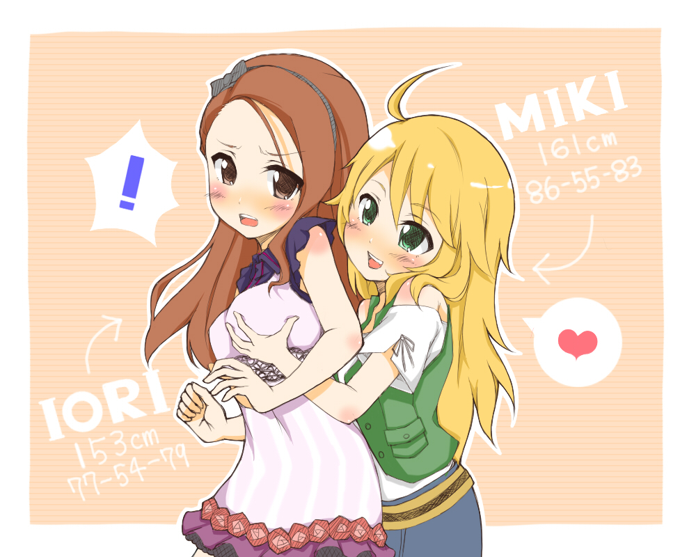 !, 10s, 2girls, ahoge, aoi2410, belt, blonde_hair, blush, breasts, brown_eyes, brown_hair, dress, grabbing_another's_breast, green_eyes, groping, hairband, heart, hoshii_miki, hug, hug_from_behind, idolmaster, idolmaster_(classic), idolmaster_2, long_hair, looking_back, measurements, minase_iori, multiple_girls, open_mouth, smile, spoken_heart, stats
