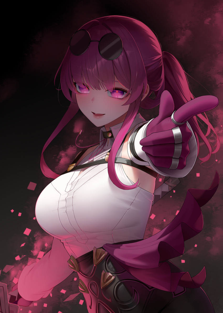 1girl, blunt_ends, bright_pupils, chest_harness, cleavage_cutout, clothing_cutout, dark_background, detached_sleeves