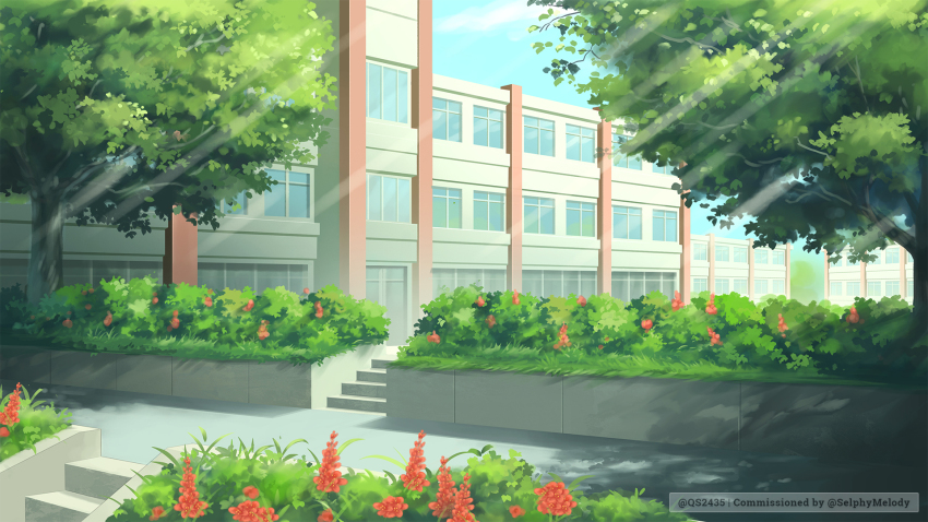 artist_name, blue_sky, building, cloud, cloudy_sky, day, flower, hedge