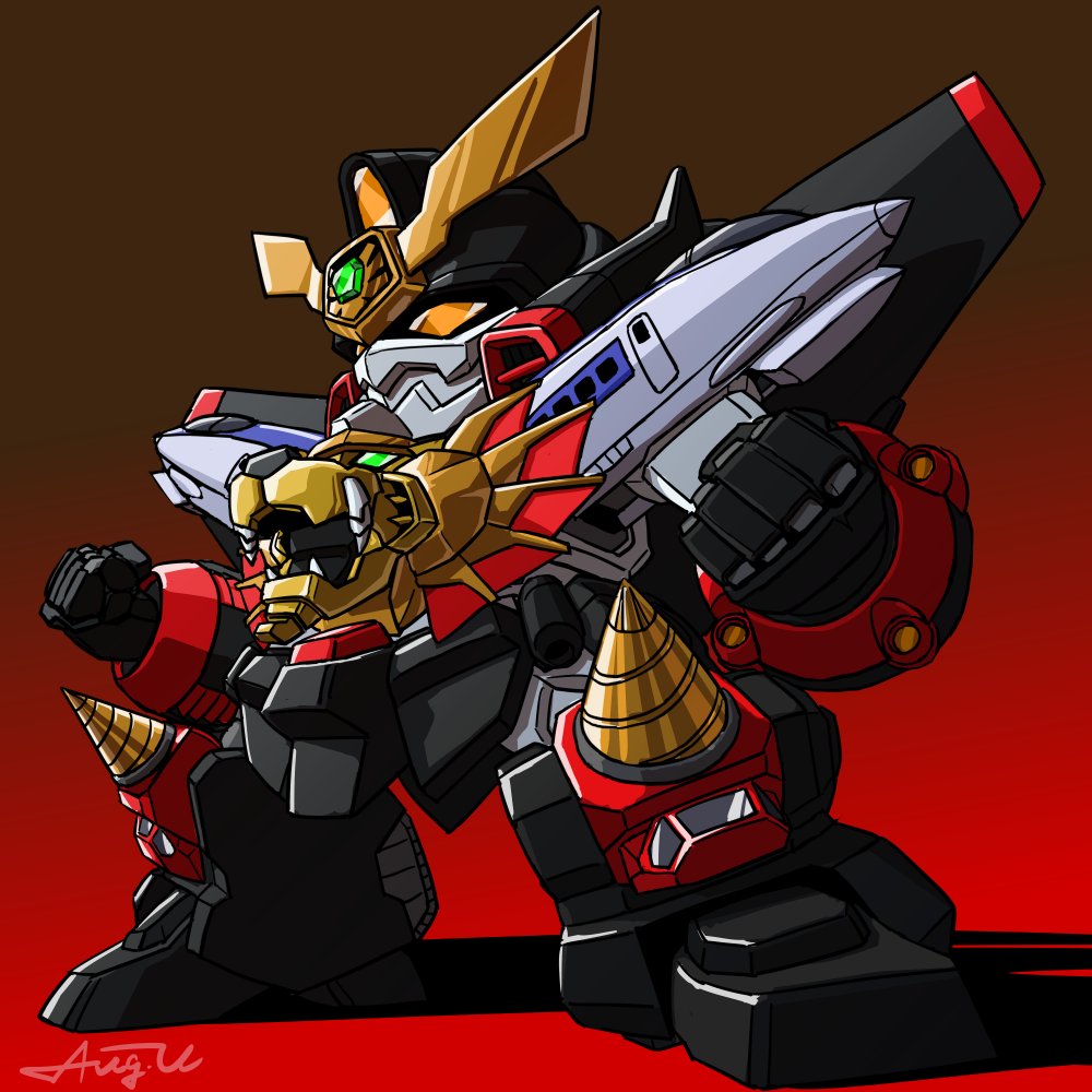 armor, chibi, copyright_name, drill_hair, full_armor, gaogaigar, gattai, hagitsuki_yuu, mask, mecha, mouth_mask, no_humans, robot, standing, twin_drills, v-fin, yuusha_ou_gaogaigar, yuusha_series