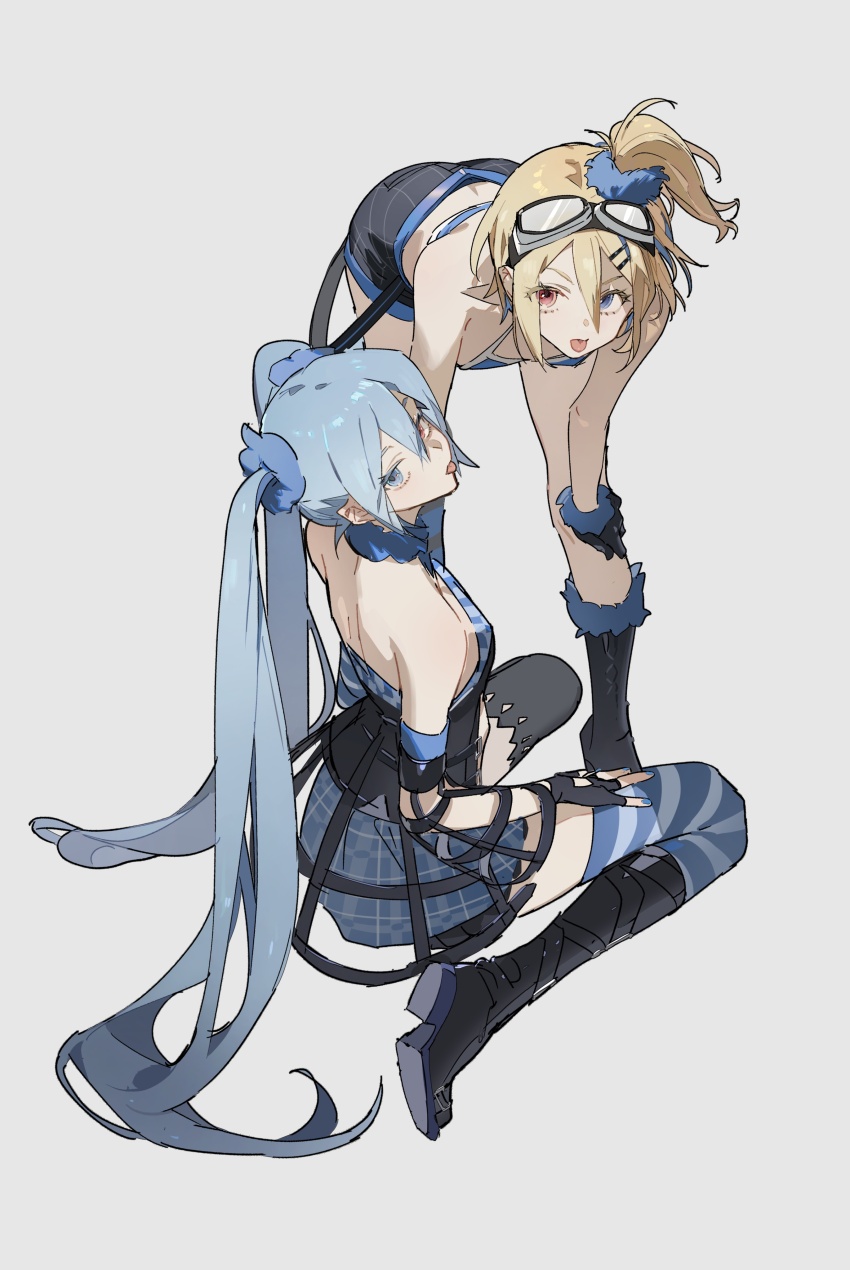 2girls, absurdres, bikini, bikini_top_only, blonde_hair, blue_hair, boots, breasts