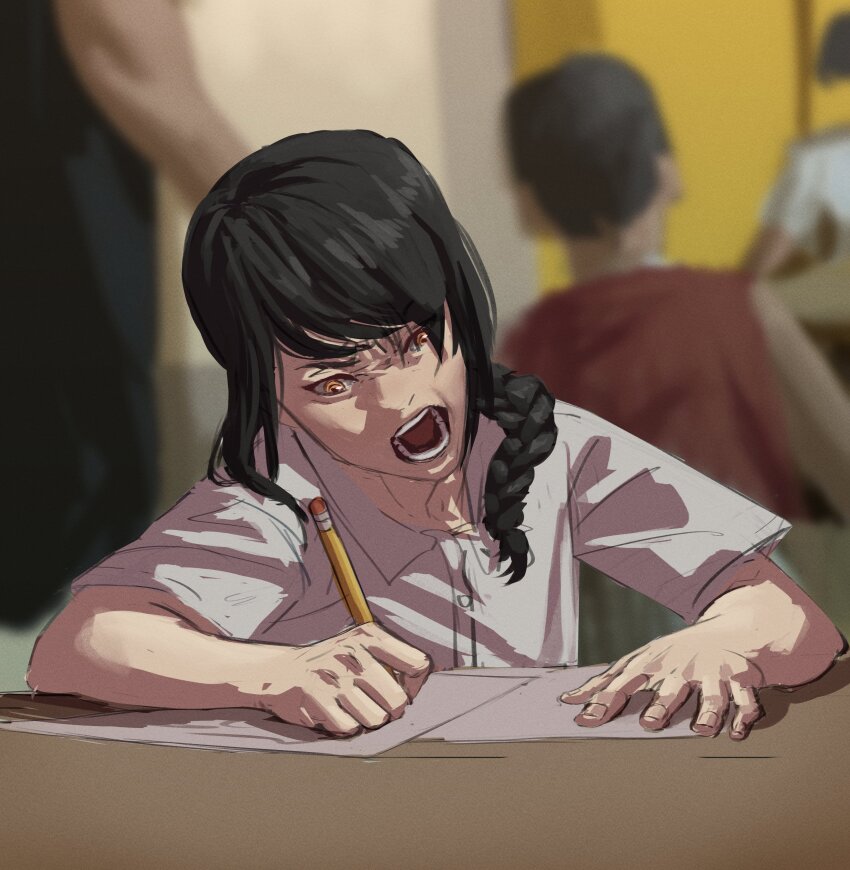 1girl, absurdres, aged_down, angusbeef30, black_hair, braid, braided_ponytail, chainsaw_man, classroom, commentary, english_commentary, hair_over_shoulder, highres, holding, holding_pencil, i_fucking_love_drawing_(meme), indoors, looking_down, meme, nayuta_(chainsaw_man), open_mouth, paper, pencil, photo-referenced, ringed_eyes, shirt, short_sleeves, sitting, sketch, solo_focus, teeth, v-shaped_eyebrows, white_shirt, yellow_eyes