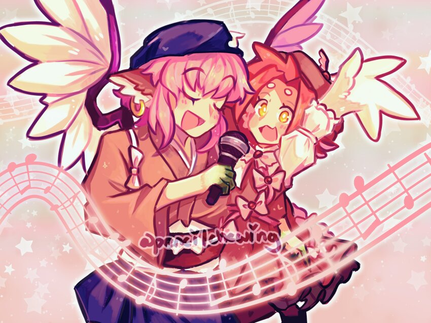 100%_orange_juice, 2girls, animal_ears, bird_ears, bird_wings, black_headscarf, blush, brown_dress