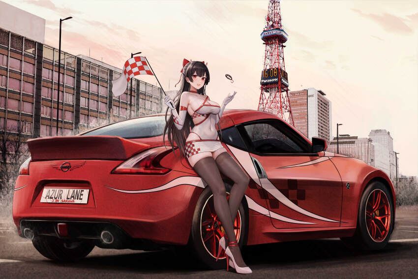 1girl, :d, absurdres, azur_lane, black_hair, breasts, building, car, car_keys, character_name, checkered_flag, city, cityscape, cleavage, commentary_request, copyright_name, covered_navel, elbow_gloves, exhaust, flag, full_body, gloves, grey_thighhighs, hands_up, high_heels, highres, holding, holding_flag, horns, kcar66t, large_breasts, license_plate, long_hair, looking_at_viewer, motor_vehicle, nissan, nissan_370z, nissan_fairlady_z, oni_horns, open_mouth, outdoors, panasonic_corporation, race_queen, red_eyes, sakawa_(azur_lane), shadow, skyscraper, smile, solo, sports_car, thighhighs, tokyo_tower, tower, white_footwear, white_gloves