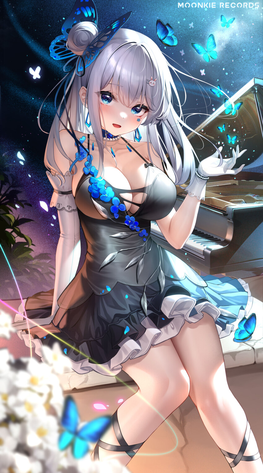 1girl, :d, absurdres, arm_support, asymmetrical_gloves, bare_shoulders, bingtu, black_dress