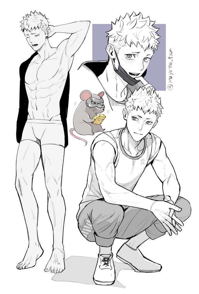 1boy, abs, animalization, barefoot, cheese, closed_eyes, food, greyscale, holding, holding_food, kiki_(rsjj8234), male_focus, male_underwear, mask, mask_pull, monochrome, mouse_(animal), mouth_mask, multiple_views, open_mouth, pants, pectorals, persona, persona_5, sakamoto_ryuuji, shirt, shoes, simple_background, spiked_hair, squatting, standing, toned, toned_male, track_pants, twitter_username, undercut, underwear