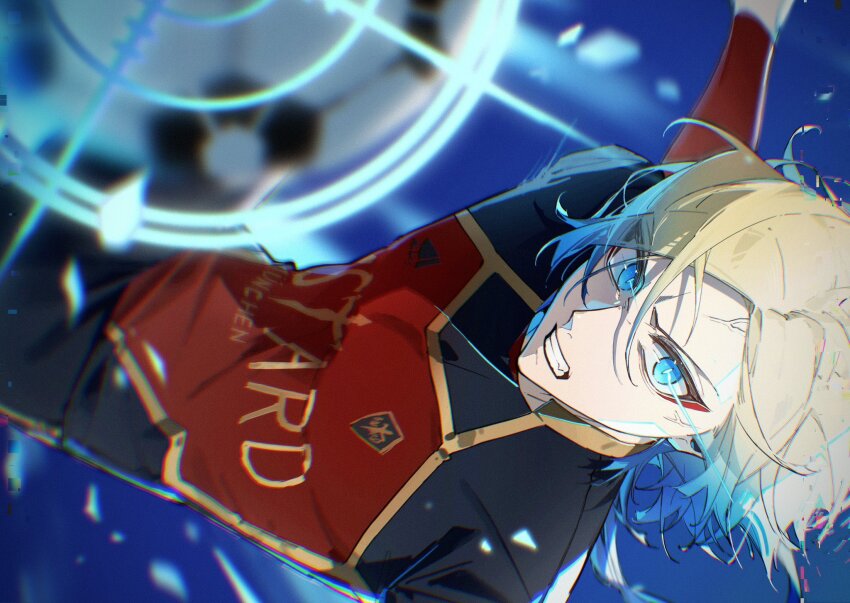 1boy, ball, black_shirt, blonde_hair, blue_background, blue_eyes, blue_hair, blue_lock