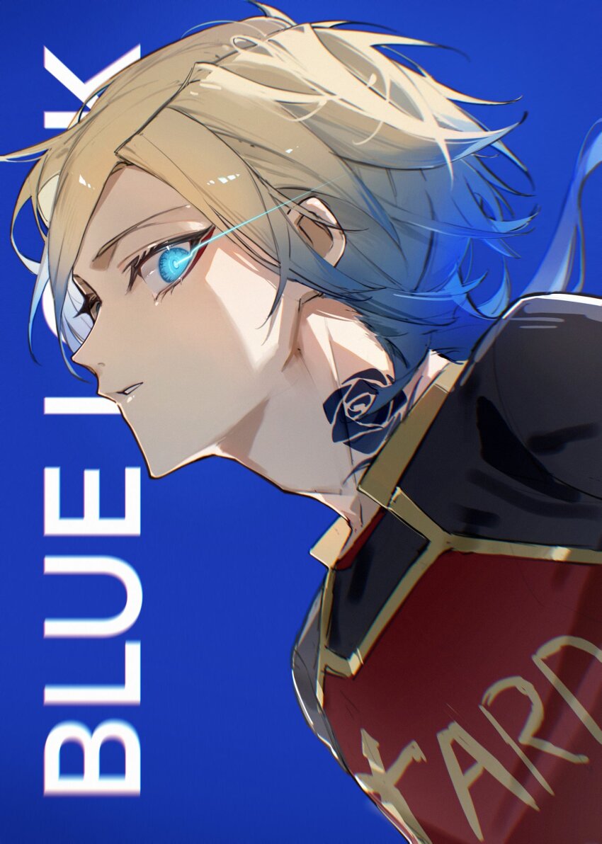 1boy, black_shirt, blonde_hair, blue_background, blue_eyes, blue_hair, blue_lock, collared_shirt