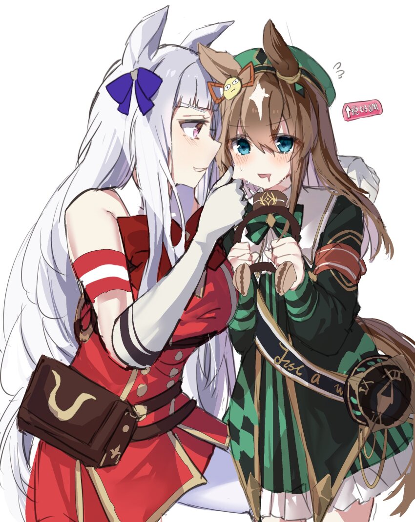 2girls, absurdres, animal_ears, aqua_eyes, bare_shoulders, beret, blunt_bangs, blush