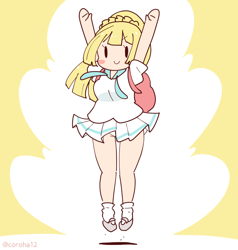 1girl, bag, blonde_hair, blush, braid, breasts, coroha, dress, jumping, lillie_(pokemon), long_hair, mary_janes, medium_breasts, nintendo, panties, pantyshot, pleated_skirt, pokemon, pokemon_sun_and_moon, shoes, skirt, smile, socks, solo, underwear, white_dress