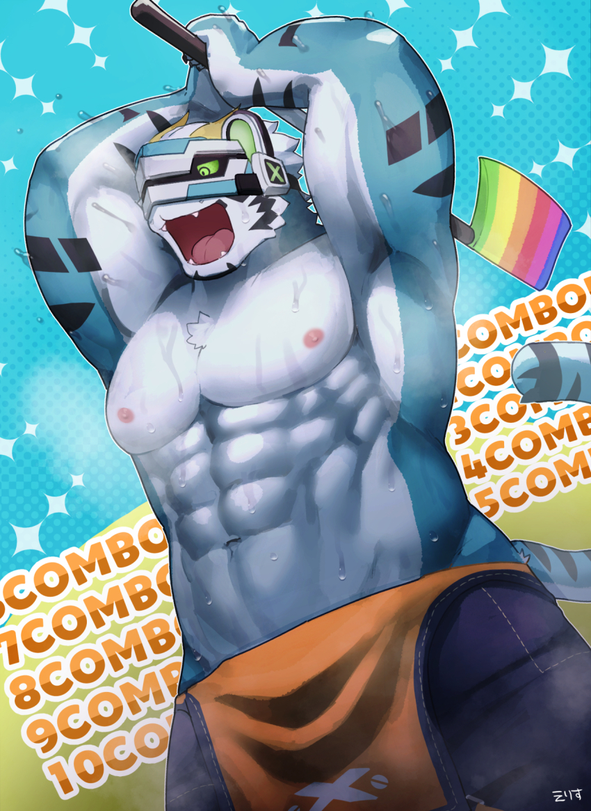 1boy, :d, abs, aqua_fur, armpits, arms_up, axe, bara
