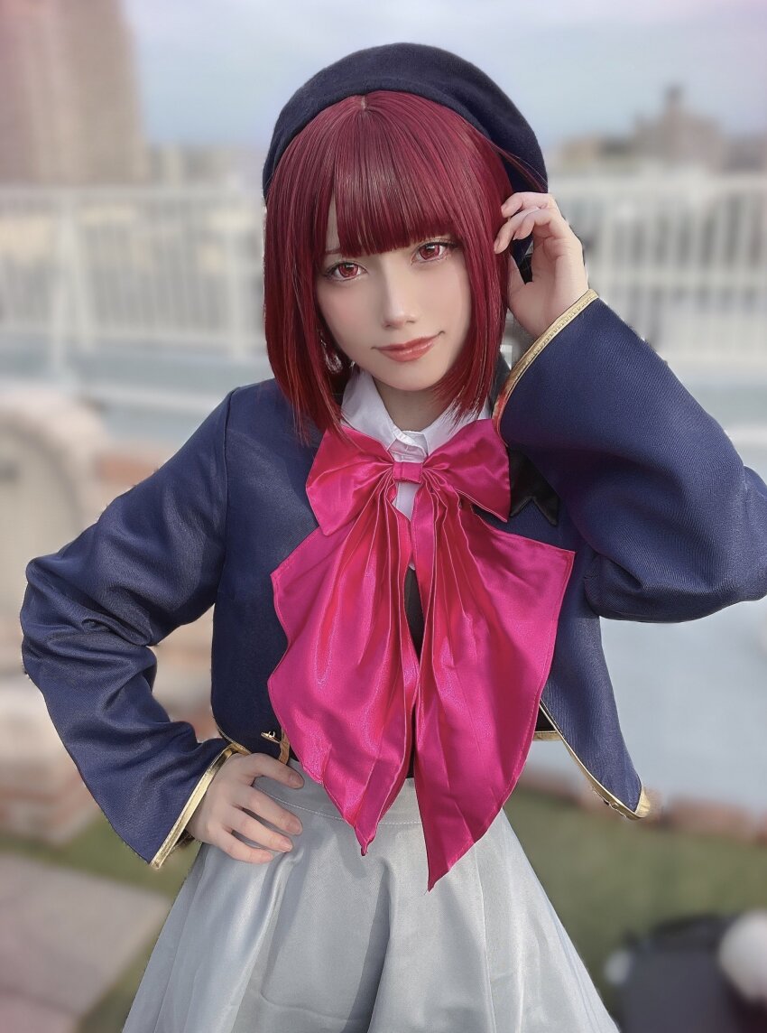 1girl, absurdres, akase_akari, arima_kana, arima_kana_(cosplay), cosplay, grey_skirt, highres, oshi_no_ko, photo_(medium), red_hair, skirt