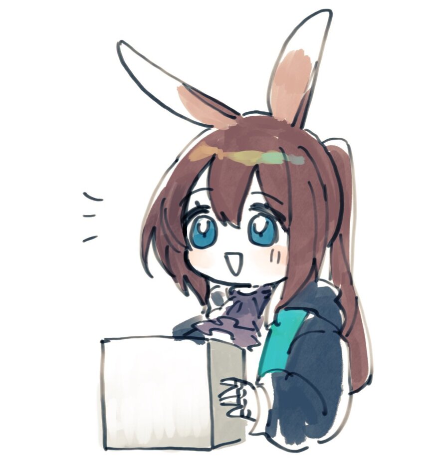 1girl, :d, amiya_(arknights), animal_ears, arknights, ascot, blue_ascot, blue_eyes, blue_jacket, blush, brown_hair, chibi, high_ponytail, highres, jacket, long_hair, long_sleeves, open_mouth, ponytail, rabbit_ears, seri_(akntse), simple_background, smile, solo, upper_body, very_long_hair, white_background