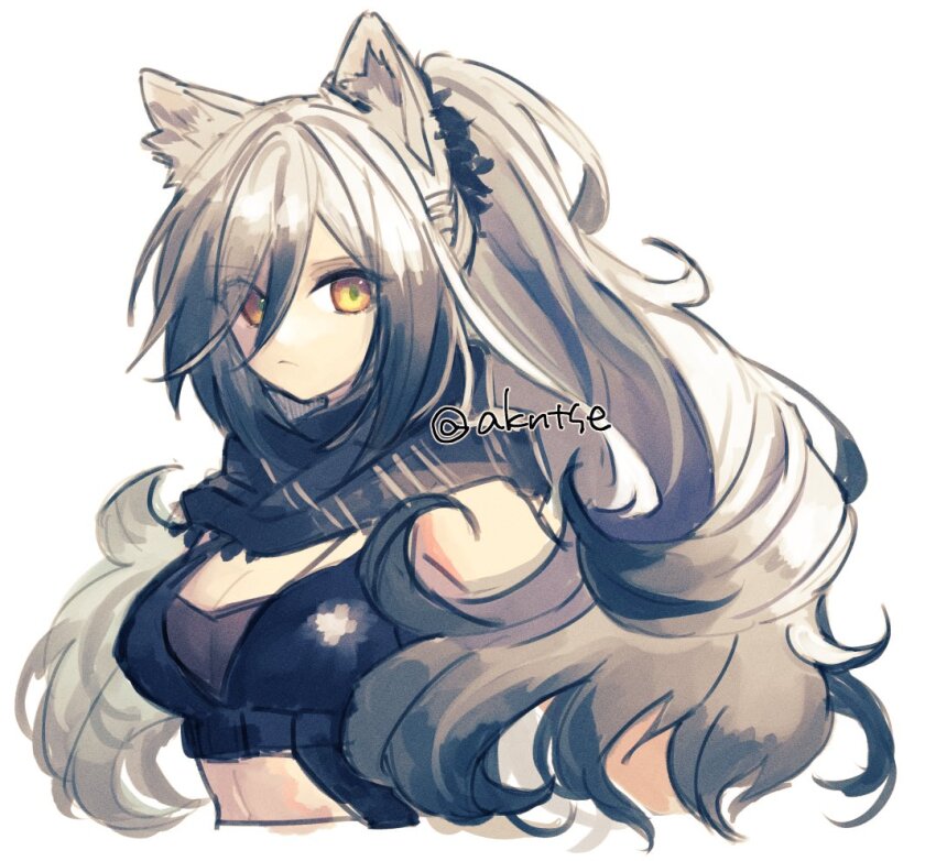 1girl, animal_ears, arknights, bare_shoulders, black_scarf, black_tank_top, breasts, cleavage