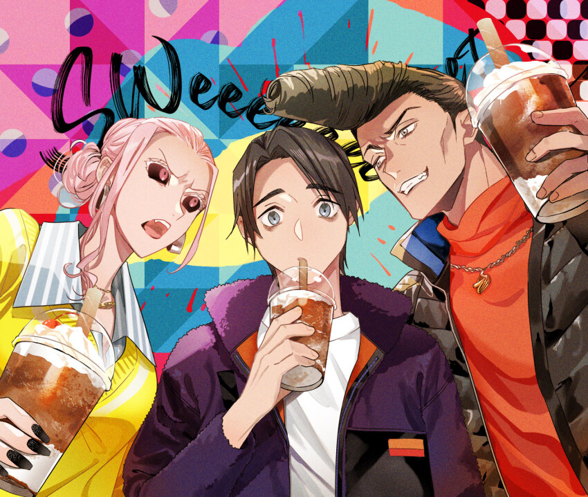 1girl, 2boys, black_eyes, black_hair, black_jacket, black_nails, black_sclera, collared_jacket