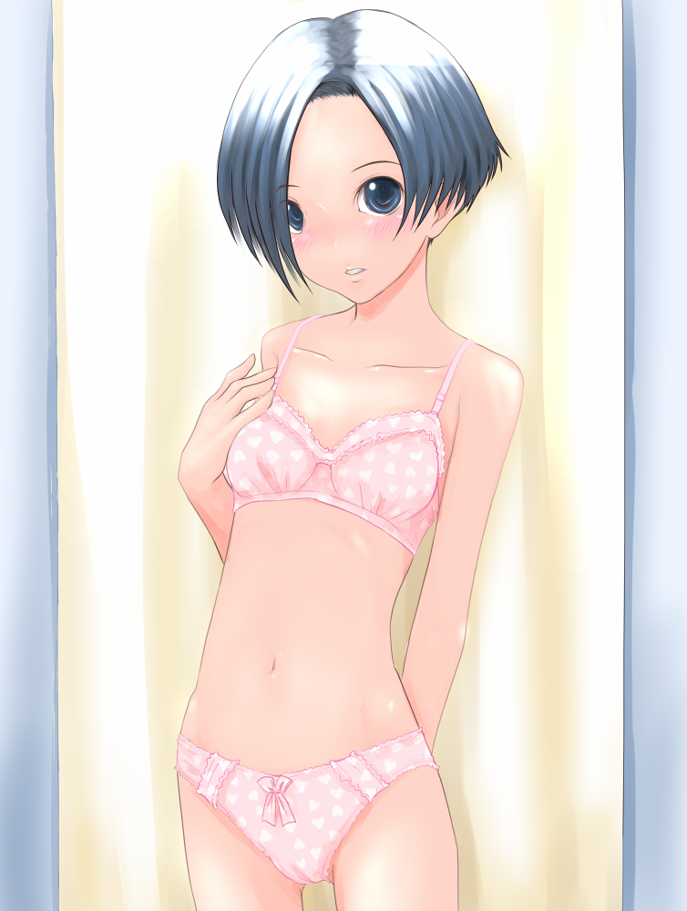 1girl, arm_behind_back, blue_eyes, blue_hair, blush, bow, bow_panties, bra, cameltoe, collarbone, female_focus, heart, kobayakawa_rinko, lingerie, love_plus, matching_hair/eyes, navel, no_nose, panties, pink_bra, pink_panties, short_hair, solo, strange_love_freaks, teeth, underwear, underwear_only