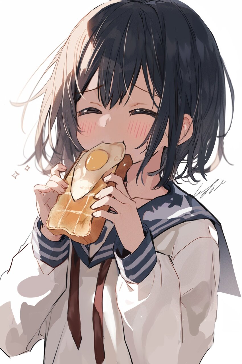 1girl, aoi_saki_(senpai_wa_otokonoko), black_hair, blue_sailor_collar, bread_slice, closed_eyes, eating, food