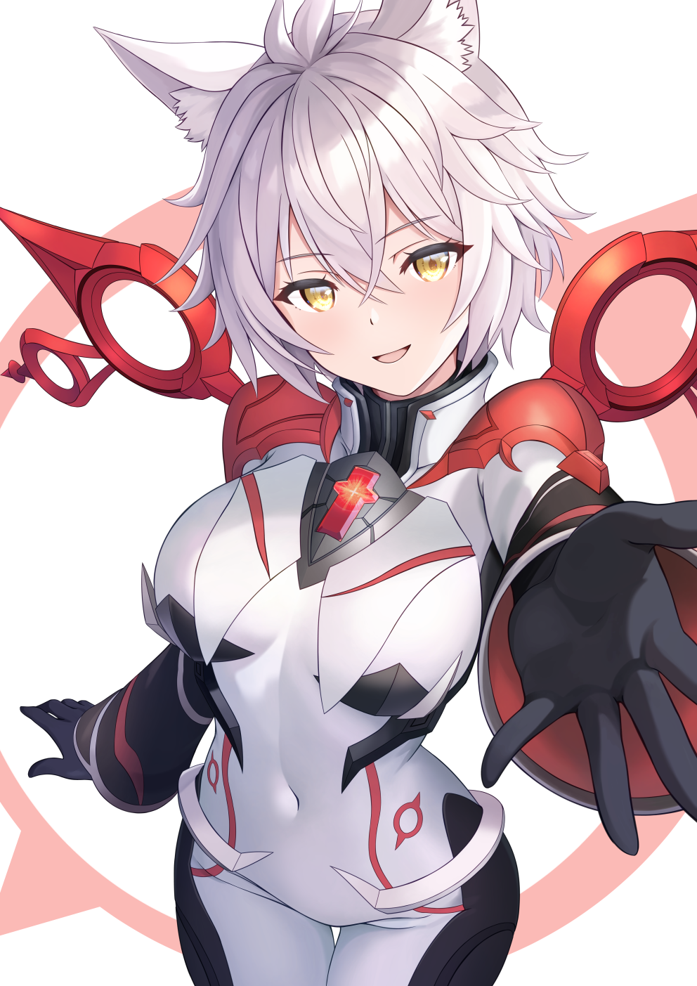 1girl, alpha_(xenoblade), alvis_(xenoblade), animal_ear_fluff, animal_ears, black_gloves, chest_jewel, core_crystal_(xenoblade), corruption, dark_persona, genderswap, genderswap_(mtf), gloves, grey_hair, highres, looking_at_viewer, monolith_soft, na'el_(xenoblade), official_alternate_costume, open_mouth, possessed, possession, reaching, reaching_towards_viewer, rojiko_(275026), smile, solo, spoilers, xeno_(series), xenoblade_chronicles_(series), xenoblade_chronicles_3, xenoblade_chronicles_3:_future_redeemed, yellow_eyes