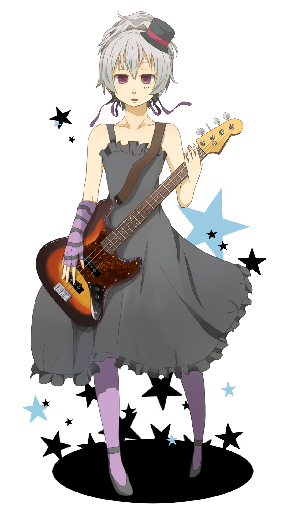 1girl, :o, akiyama_mio, akiyama_mio_(cosplay), bad_id, bad_pixiv_id, bass_guitar, cosplay, darker_than_black, don't_say_"lazy", dress, elbow_gloves, female_focus, fingerless_gloves, frills, full_body, gloves, hat, high_heels, highres, instrument, k-on!, mini_hat, mini_top_hat, pantyhose, parody, poripori, purple_eyes, purple_pantyhose, shoes, silver_hair, simple_background, single_elbow_glove, single_glove, solo, standing, star_(symbol), striped_clothes, striped_gloves, top_hat, yin_(darker_than_black)