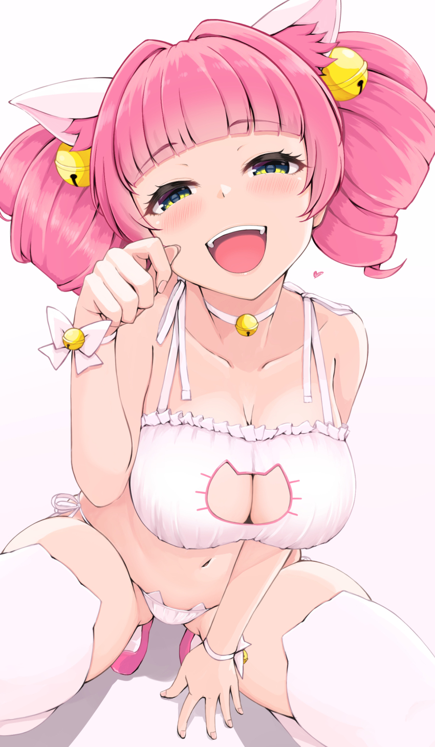 1girl, absurdres, animal_ear_fluff, animal_ear_legwear, animal_ears, bare_shoulders, bell, bemani, blunt_bangs, blush, bow, bra, breasts, cat_cutout, cat_ear_legwear, cat_ear_thighhighs, cat_ears, cat_lingerie, cat_thighhighs, choker, cleavage, cleavage_cutout, clothing_cutout, collarbone, commentary, drill_hair, fingernails, frilled_bra, frills, from_above, green_eyes, hair_bell, hair_ornament, heart, high_heels, highres, large_breasts, lips, looking_at_viewer, milk_(pop'n_music), narrowed_eyes, navel, neck_bell, open_mouth, panties, paw_pose, pink_hair, pink_shoes, pink_trim, pop'n_music, pumps, raised_eyebrows, shoes, short_twintails, side-tie_panties, simple_background, smile, solo, squatting, stomach, teeth, temari_rin, thighhighs, thighs, twin_drills, twintails, underwear, white_background, white_bow, white_bra, white_choker, white_panties, white_thighhighs, wrist_bow