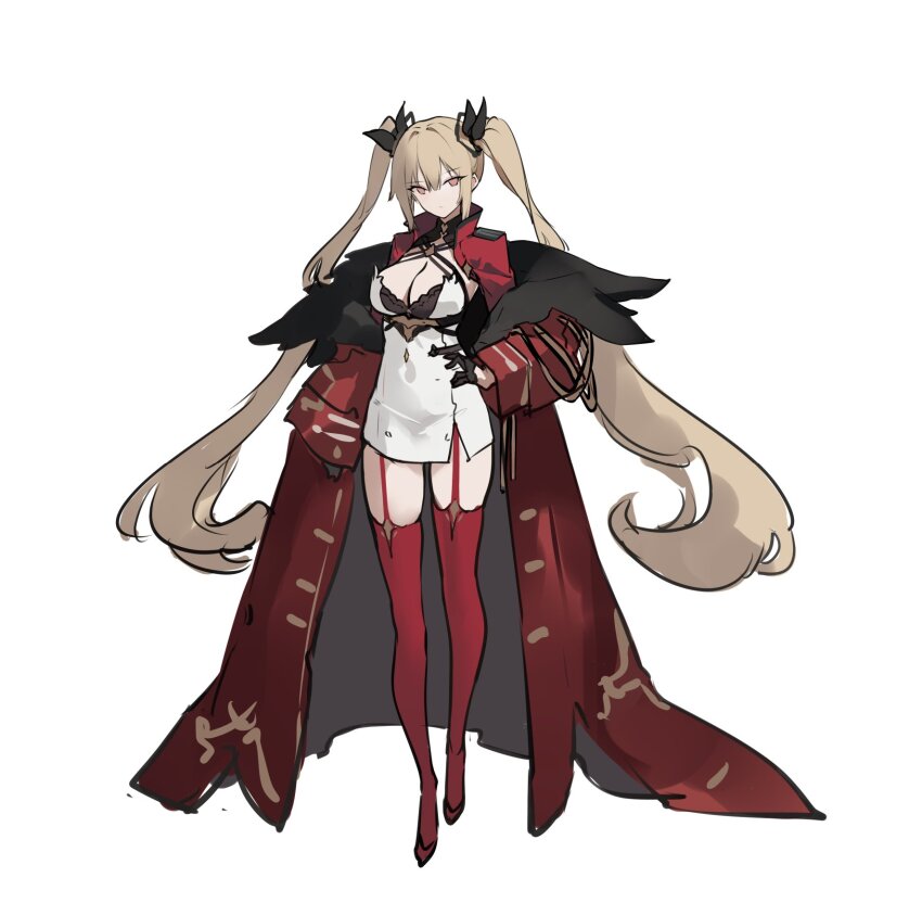 1girl, azur_lane, black_bra, black_ribbon, blonde_hair, bra, bra_peek, breasts