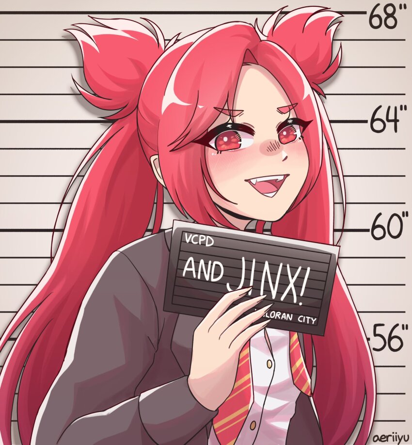 1girl, :d, aeriiyu, barbie_(franchise), barbie_(live_action), black_jacket, character_name, dress_shirt, fang, highres, holding, holding_sign, jacket, jinx_(league_of_legends), league_of_legends, long_hair, long_sleeves, meme, necktie, open_clothes, open_jacket, open_mouth, red_eyes, red_hair, shirt, sign, smile, solo, star_guardian_(league_of_legends), star_guardian_jinx, striped_clothes, striped_necktie, teeth, tongue, twintails, upper_body